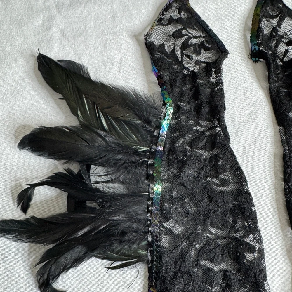 Black Gothic Lace Feather Fingerless Gloves Iridescent Sequin Whimsygoth
